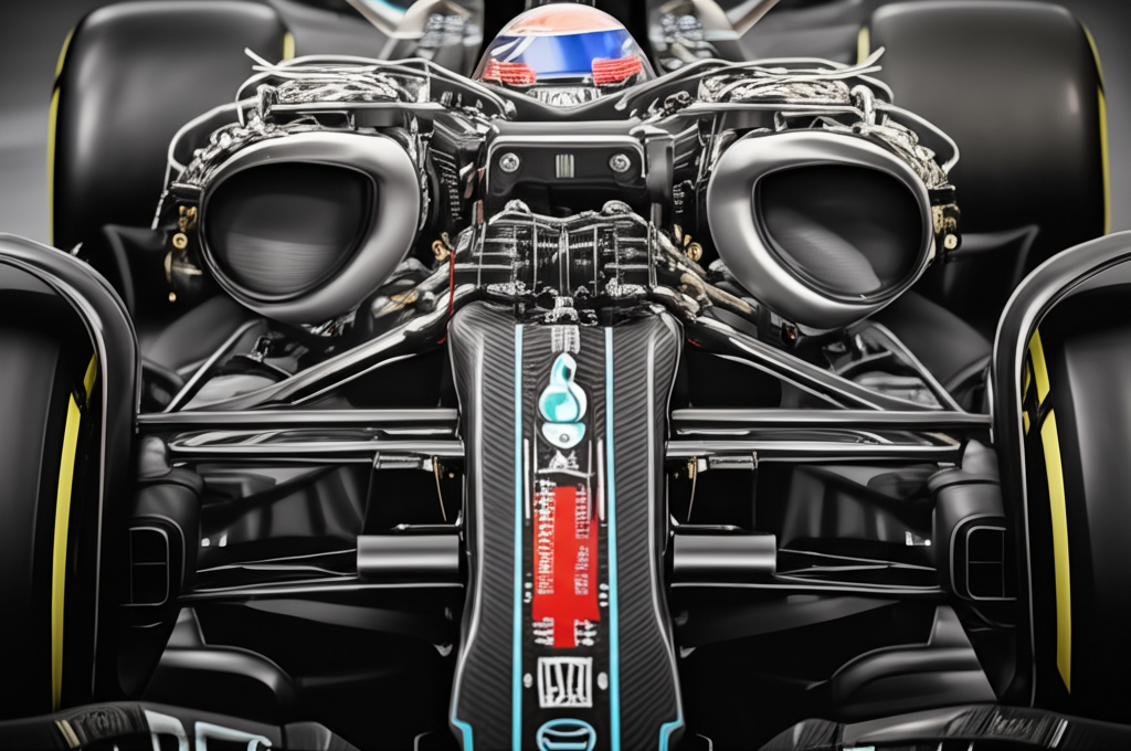 Close-up of Formula 1 car technology showing detailed engine and aerodynamic components