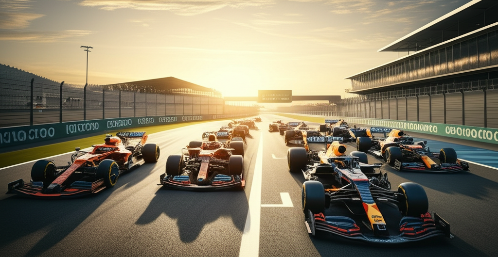 Formula 1 cars racing at sunset with dramatic lighting