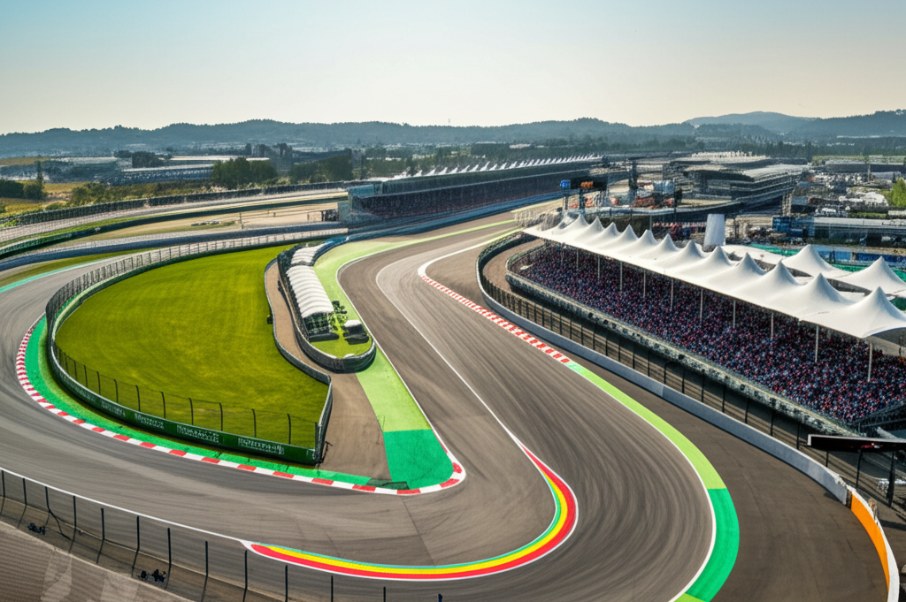 Aerial view of a Formula 1 circuit showing the track layout and surrounding facilities