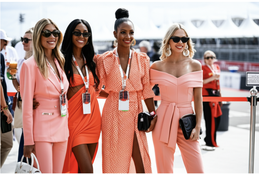 Stylish women in pink and coral outfits at F1 paddock